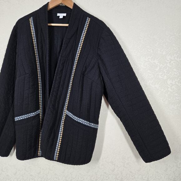 J Jill Pure Jill Seersucker Jacket Blazer XL TALL Black Open Front Embroidered - Picture 8 of 16